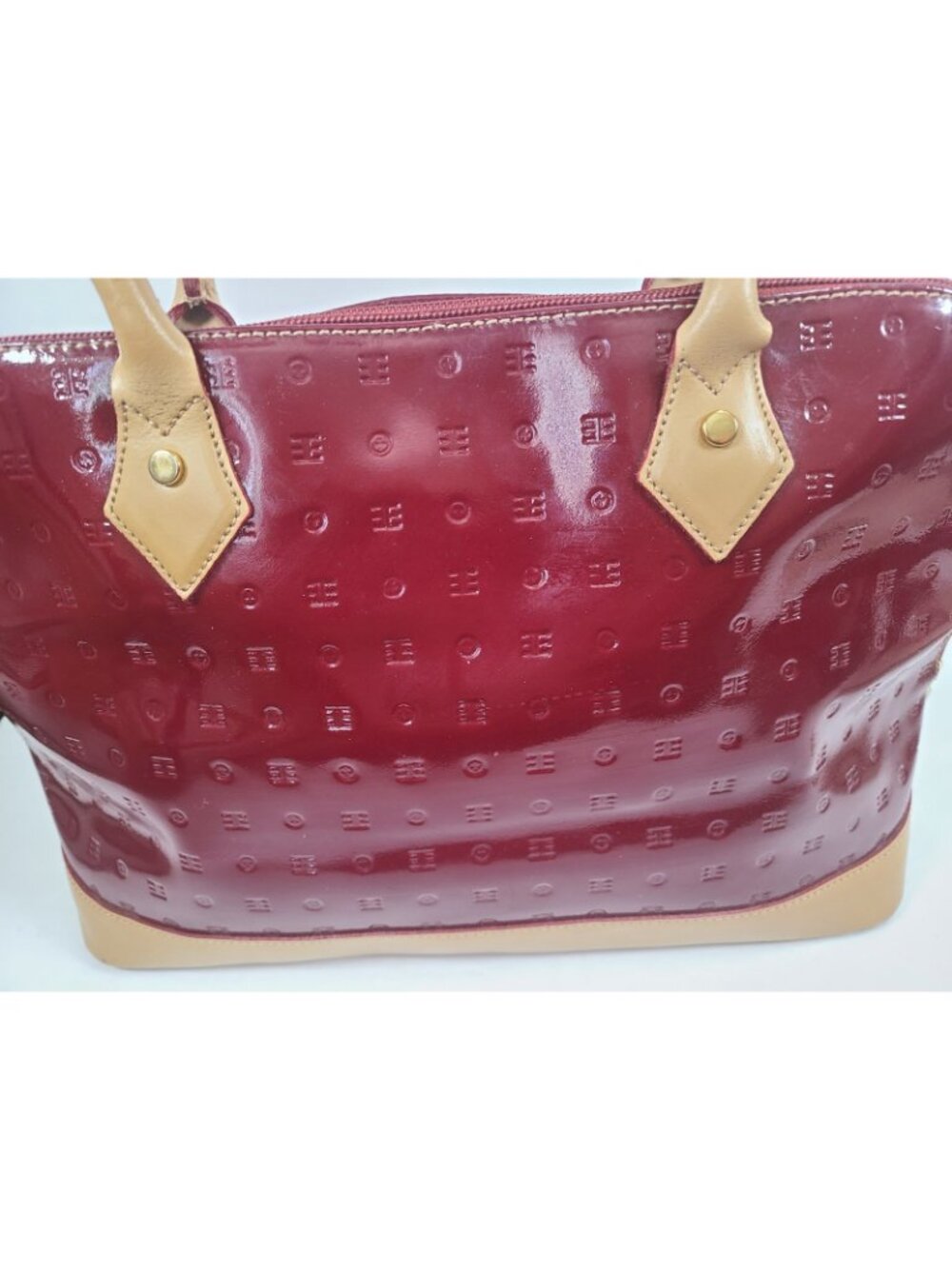 Arcadia Red Patent Satchel Top Handle Bag Gold Hardware Zip Closure Women - Picture 2 of 16